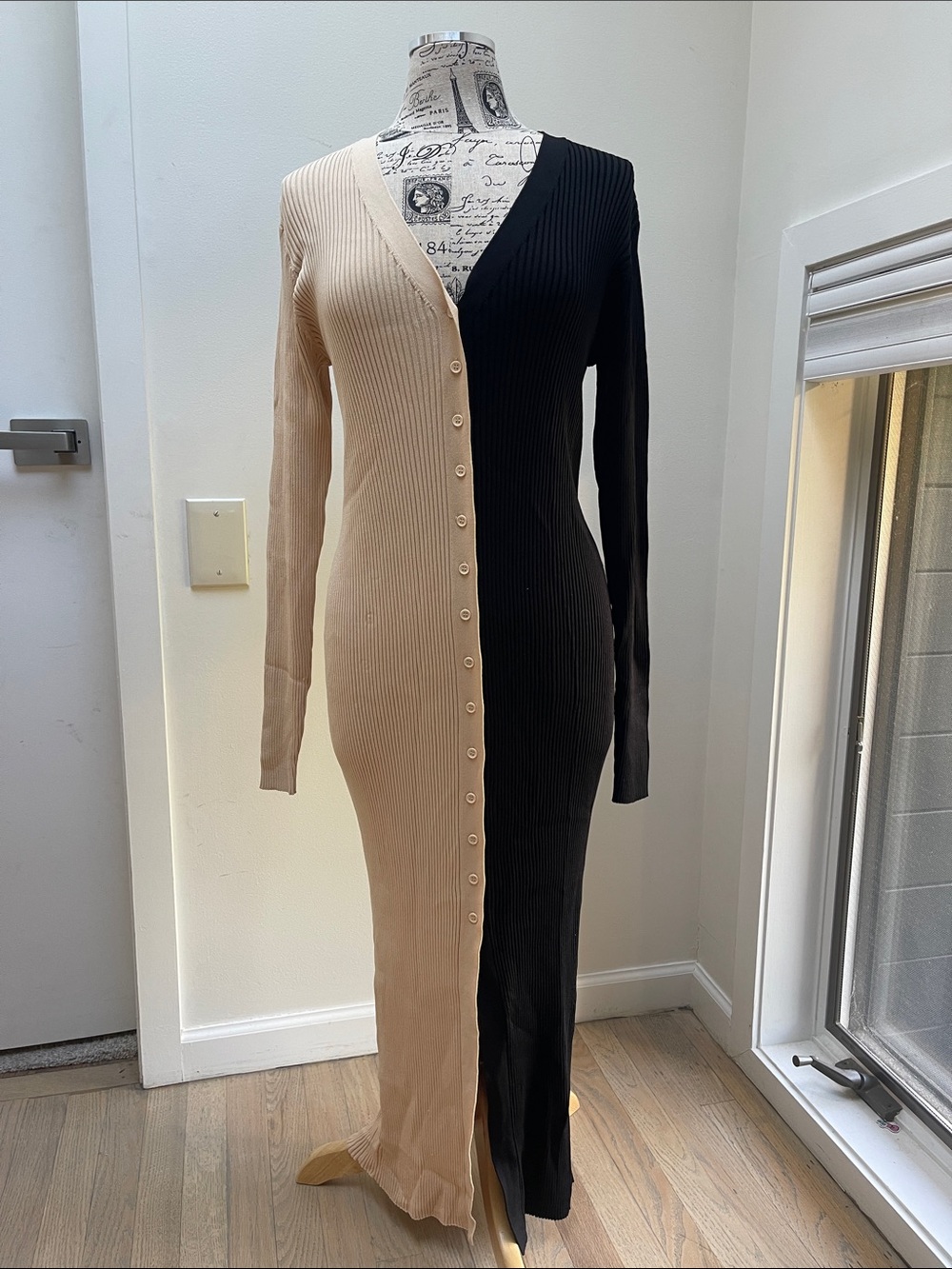 STAUD Two-Tone Ribbed Button-Front Maxi Dress - Beige & Black